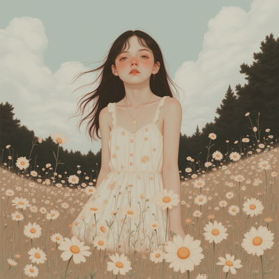A young woman with flowing chestnut brown hair cascading down her shoulders, dotted with playful freckles that dance across her sun-kissed cheeks. She wears a light, airy sundress adorned with vibrant floral patterns, standing in a lush meadow filled with blooming wildflowers of all colors. The warm afternoon sun bathes the scene in a golden glow, creating an inviting and serene atmosphere. Soft wisps of clouds drift lazily across a clear blue sky, while gentle breezes rustle the leaves of nearby trees. The overall mood is cheerful and dreamy, reminiscent of a painting in a soft, impressionistic style, capturing the essence of a blissful summer day.