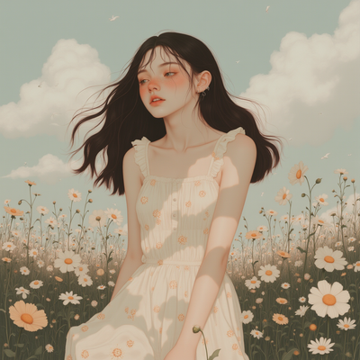 A young woman with flowing chestnut brown hair cascading down her shoulders, dotted with playful freckles that dance across her sun-kissed cheeks. She wears a light, airy sundress adorned with vibrant floral patterns, standing in a lush meadow filled with blooming wildflowers of all colors. The warm afternoon sun bathes the scene in a golden glow, creating an inviting and serene atmosphere. Soft wisps of clouds drift lazily across a clear blue sky, while gentle breezes rustle the leaves of nearby trees. The overall mood is cheerful and dreamy, reminiscent of a painting in a soft, impressionistic style, capturing the essence of a blissful summer day.
