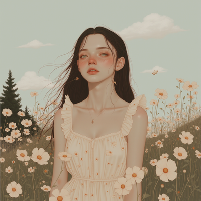 A young woman with flowing chestnut brown hair cascading down her shoulders, dotted with playful freckles that dance across her sun-kissed cheeks. She wears a light, airy sundress adorned with vibrant floral patterns, standing in a lush meadow filled with blooming wildflowers of all colors. The warm afternoon sun bathes the scene in a golden glow, creating an inviting and serene atmosphere. Soft wisps of clouds drift lazily across a clear blue sky, while gentle breezes rustle the leaves of nearby trees. The overall mood is cheerful and dreamy, reminiscent of a painting in a soft, impressionistic style, capturing the essence of a blissful summer day.