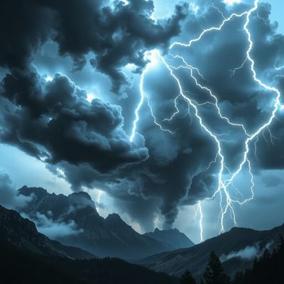 A dramatic scene showcasing a fierce thunderstorm, with dark, swirling clouds illuminated by brilliant flashes of lightning streaking across the sky. The setting is a rugged landscape dotted with jagged mountain peaks, the valleys below cloaked in mist and rain. The atmosphere is charged with energy, evoking a sense of awe and danger, while the air is thick with moisture and tension. The color palette features deep blues and grays contrasted by the bright, electrifying white and pale yellow of the lightning strikes. This image captures the raw power of nature in a hyper-realistic style, emphasizing the chaotic beauty of the storm.