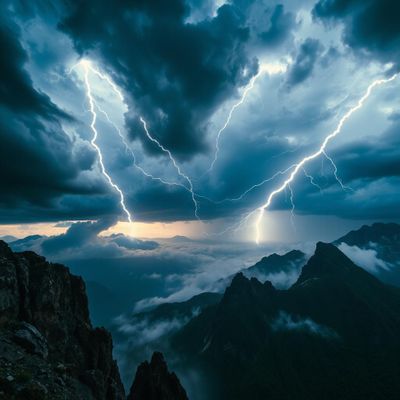 A dramatic scene showcasing a fierce thunderstorm, with dark, swirling clouds illuminated by brilliant flashes of lightning streaking across the sky. The setting is a rugged landscape dotted with jagged mountain peaks, the valleys below cloaked in mist and rain. The atmosphere is charged with energy, evoking a sense of awe and danger, while the air is thick with moisture and tension. The color palette features deep blues and grays contrasted by the bright, electrifying white and pale yellow of the lightning strikes. This image captures the raw power of nature in a hyper-realistic style, emphasizing the chaotic beauty of the storm.
