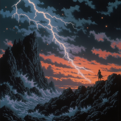 A dragon blows fire with loghtning A surreal, high-contrast scene capturing the dramatic impact of light on a darkened world — a lone figure stands atop a windswept ridge as a colossal beam of radiant light pierces the clouds above, casting sharp, dynamic shadows across the jagged terrain. The light interacts with the environment in impossible ways: bending, splitting, and igniting bursts of color across reflective surfaces. Floating particles shimmer in the beam, and distant structures seem to awaken under its touch. Hyper-realistic, cinematic composition, strong chiaroscuro, ethereal atmosphere.