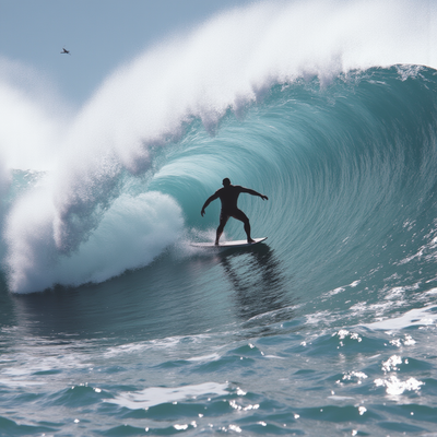 A surfer riding an enormous wave, suspended in perfect balance as the massive curl of water forms a tunnel around them, with ocean spray catching sunlight