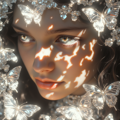 A person with luminous eyes and flowing hair immersed in glowing butterflies and flower petals, half in shadow and half in golden light, with an expression of wonder