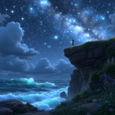 A lone figure standing on a high cliff under a glowing, star-filled sky. The wind blows through tall grass as shooting stars streak across the sky. The ocean sparkles below with bioluminescent waves. Deep, peaceful, cinematic atmosphere