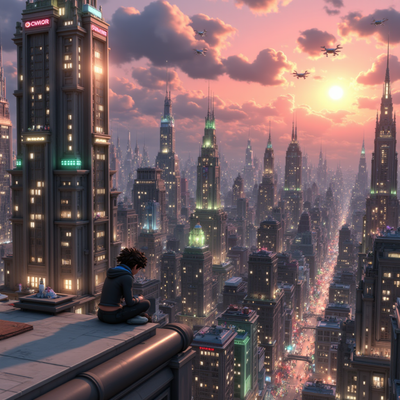 A person sitting on a rooftop edge as the sun sets over a massive futuristic cityscape. Orange and purple skies reflect in skyscraper windows. Drones fly above. Warm, reflective, emotional CGI shot