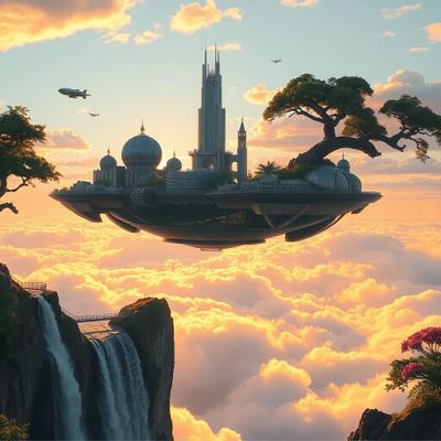 A breathtaking floating city suspended in the sky during golden hour, with waterfalls cascading off the edges into glowing clouds below, futuristic architecture fused with nature — tall crystal towers entwined with giant ancient trees, airships flying around, vibrant flora blooming on balconies. Warm sunlight casting long shadows, rich cinematic lighting, ultra-detailed textures, epic scale, in the style of Studio Ghibli meets James Cameron’s Avatar meets Art Nouveau, 8k resolution, hyper-realistic yet dreamlike."