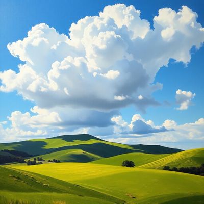 An impressionist oil painting of rolling green hills against a blue sky. Dramatic white clouds fill the sky, casting shadows on the hills.