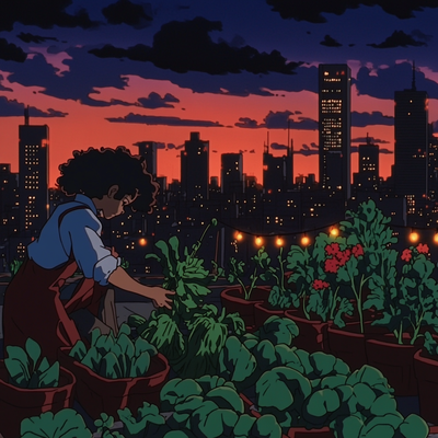 A person with curly hair tending to a lush rooftop garden in a dense cityscape, surrounded by vegetables, flowers, and string lights, with skyscrapers in the background catching sunset light