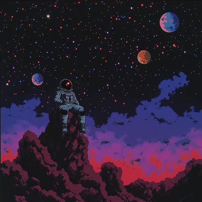 An astronaut floating above an alien planet with purple oceans and red continents, three distinct moons in the sky, stars of different brightnesses, and a colorful nebula in the distance