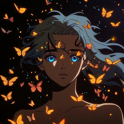 A person with luminous eyes and flowing hair immersed in glowing butterflies and flower petals, half in shadow and half in golden light, with an expression of wonder