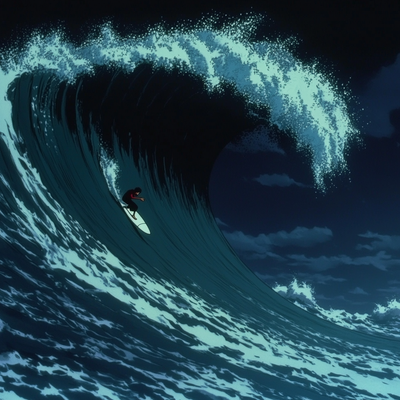 A surfer riding an enormous wave, suspended in perfect balance as the massive curl of water forms a tunnel around them, with ocean spray catching sunlight