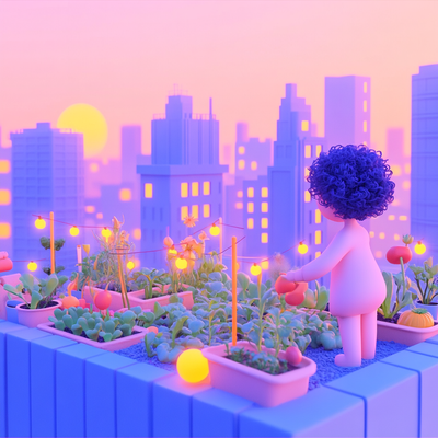A person with curly hair tending to a lush rooftop garden in a dense cityscape, surrounded by vegetables, flowers, and string lights, with skyscrapers in the background catching sunset light