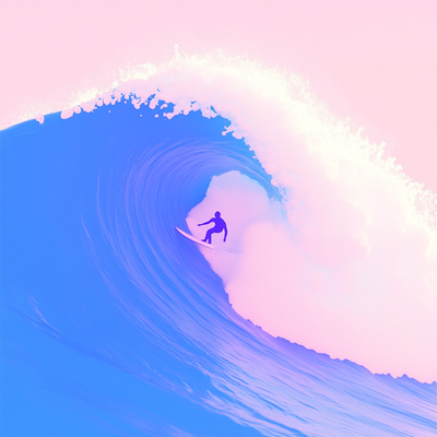 A surfer riding an enormous wave, suspended in perfect balance as the massive curl of water forms a tunnel around them, with ocean spray catching sunlight