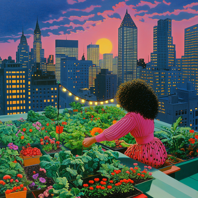 A person with curly hair tending to a lush rooftop garden in a dense cityscape, surrounded by vegetables, flowers, and string lights, with skyscrapers in the background catching sunset light