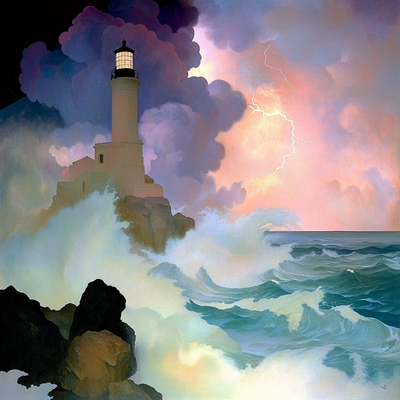 A lighthouse on a rocky coast during a powerful storm, waves crashing against cliffs, lightning illuminating dark clouds above the turbulent ocean