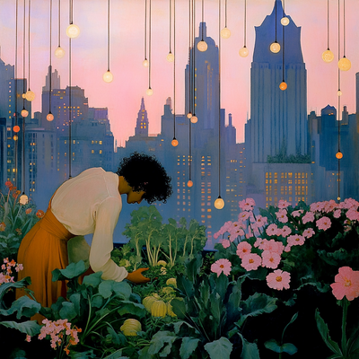 A person with curly hair tending to a lush rooftop garden in a dense cityscape, surrounded by vegetables, flowers, and string lights, with skyscrapers in the background catching sunset light