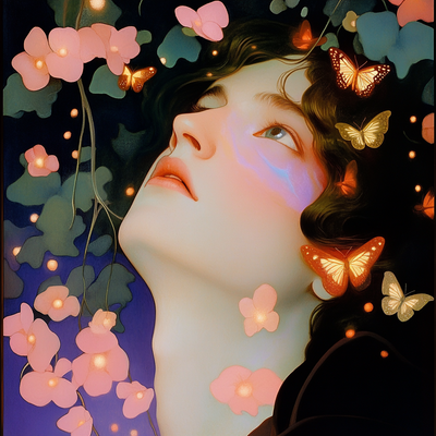 A person with luminous eyes and flowing hair immersed in glowing butterflies and flower petals, half in shadow and half in golden light, with an expression of wonder