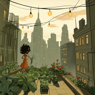 A person with curly hair tending to a lush rooftop garden in a dense cityscape, surrounded by vegetables, flowers, and string lights, with skyscrapers in the background catching sunset light
