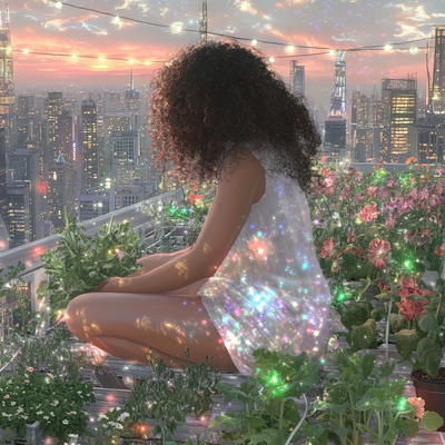 A person with curly hair tending to a lush rooftop garden in a dense cityscape, surrounded by vegetables, flowers, and string lights, with skyscrapers in the background catching sunset light