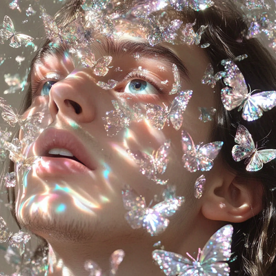A person with luminous eyes and flowing hair immersed in glowing butterflies and flower petals, half in shadow and half in golden light, with an expression of wonder