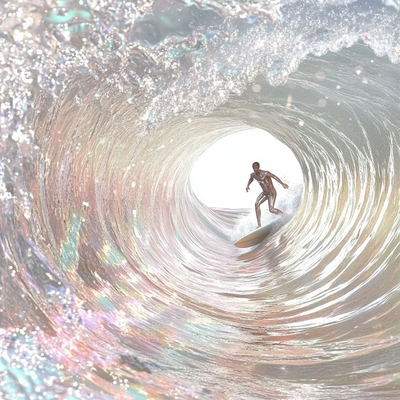 A surfer riding an enormous wave, suspended in perfect balance as the massive curl of water forms a tunnel around them, with ocean spray catching sunlight