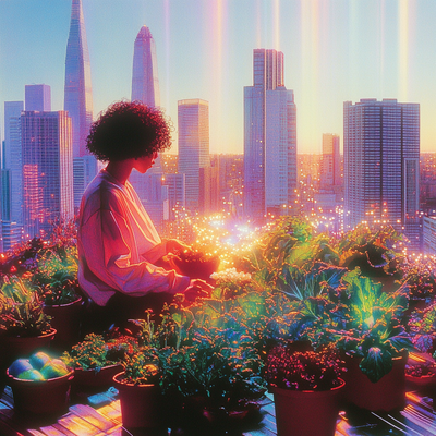 A person with curly hair tending to a lush rooftop garden in a dense cityscape, surrounded by vegetables, flowers, and string lights, with skyscrapers in the background catching sunset light