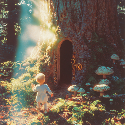 A child discovering a small hidden door built into an ancient oak tree, with ornate hinges and a tiny brass doorknob, surrounded by moss, mushrooms, and ferns in a sunlight-dappled forest