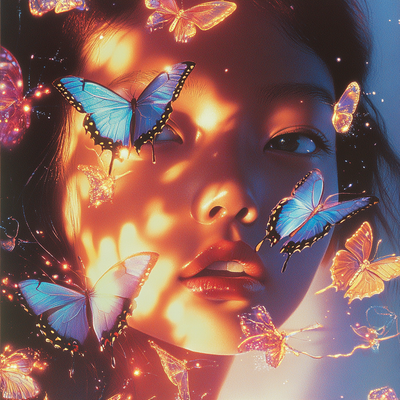 A person with luminous eyes and flowing hair immersed in glowing butterflies and flower petals, half in shadow and half in golden light, with an expression of wonder