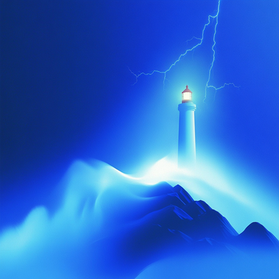 A lighthouse on a rocky coast during a powerful storm, waves crashing against cliffs, lightning illuminating dark clouds above the turbulent ocean