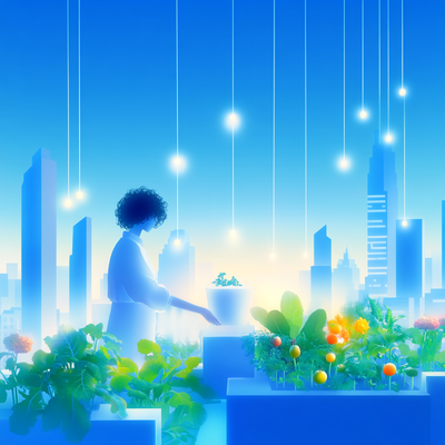 A person with curly hair tending to a lush rooftop garden in a dense cityscape, surrounded by vegetables, flowers, and string lights, with skyscrapers in the background catching sunset light