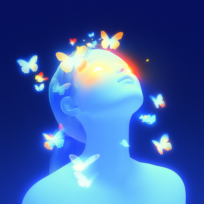 A person with luminous eyes and flowing hair immersed in glowing butterflies and flower petals, half in shadow and half in golden light, with an expression of wonder