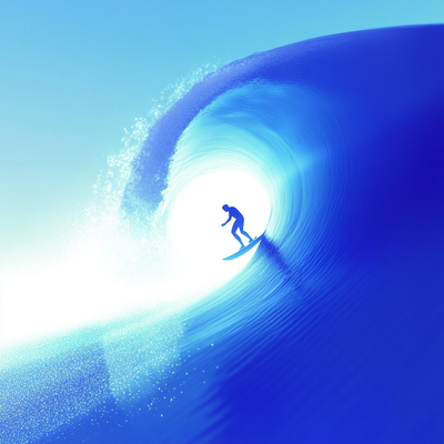 A surfer riding an enormous wave, suspended in perfect balance as the massive curl of water forms a tunnel around them, with ocean spray catching sunlight