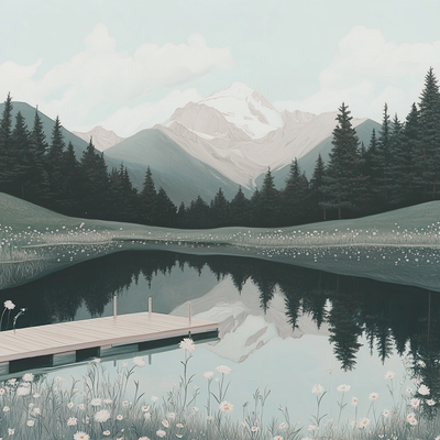 A mountain lake perfectly reflecting snow-capped peaks and clouds, surrounded by pine trees and wildflowers, with morning mist rising from the mirror-like surface and a small wooden dock with a canoe