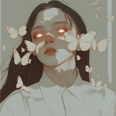 A person with luminous eyes and flowing hair immersed in glowing butterflies and flower petals, half in shadow and half in golden light, with an expression of wonder