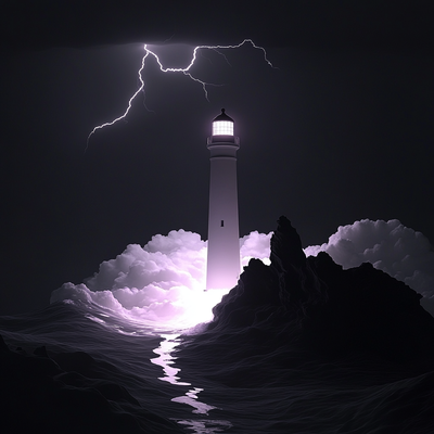A lighthouse on a rocky coast during a powerful storm, waves crashing against cliffs, lightning illuminating dark clouds above the turbulent ocean