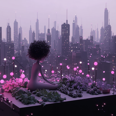 A person with curly hair tending to a lush rooftop garden in a dense cityscape, surrounded by vegetables, flowers, and string lights, with skyscrapers in the background catching sunset light