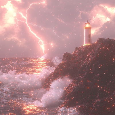 A lighthouse on a rocky coast during a powerful storm, waves crashing against cliffs, lightning illuminating dark clouds above the turbulent ocean