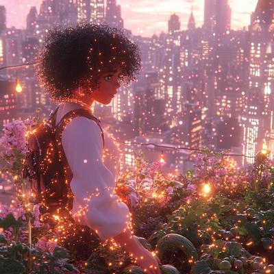 A person with curly hair tending to a lush rooftop garden in a dense cityscape, surrounded by vegetables, flowers, and string lights, with skyscrapers in the background catching sunset light