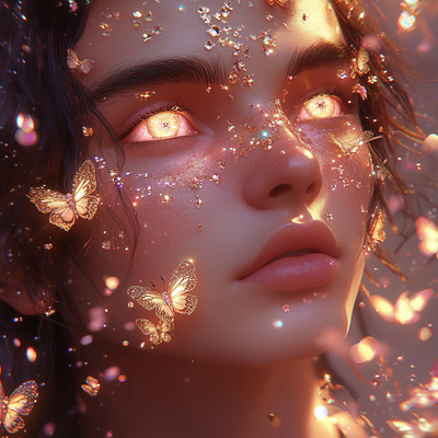 A person with luminous eyes and flowing hair immersed in glowing butterflies and flower petals, half in shadow and half in golden light, with an expression of wonder