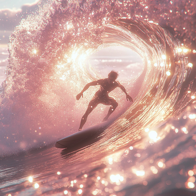 A surfer riding an enormous wave, suspended in perfect balance as the massive curl of water forms a tunnel around them, with ocean spray catching sunlight