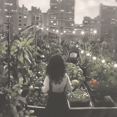 A person with curly hair tending to a lush rooftop garden in a dense cityscape, surrounded by vegetables, flowers, and string lights, with skyscrapers in the background catching sunset light