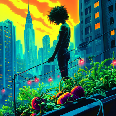 A person with curly hair tending to a lush rooftop garden in a dense cityscape, surrounded by vegetables, flowers, and string lights, with skyscrapers in the background catching sunset light