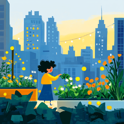 A person with curly hair tending to a lush rooftop garden in a dense cityscape, surrounded by vegetables, flowers, and string lights, with skyscrapers in the background catching sunset light