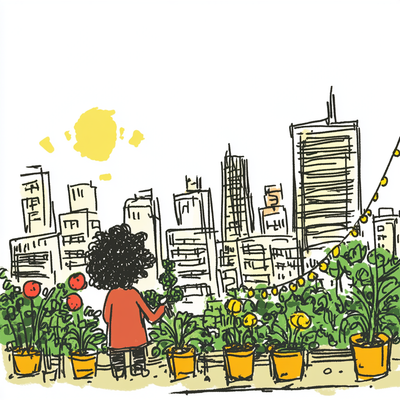 A person with curly hair tending to a lush rooftop garden in a dense cityscape, surrounded by vegetables, flowers, and string lights, with skyscrapers in the background catching sunset light