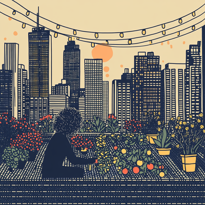 A person with curly hair tending to a lush rooftop garden in a dense cityscape, surrounded by vegetables, flowers, and string lights, with skyscrapers in the background catching sunset light
