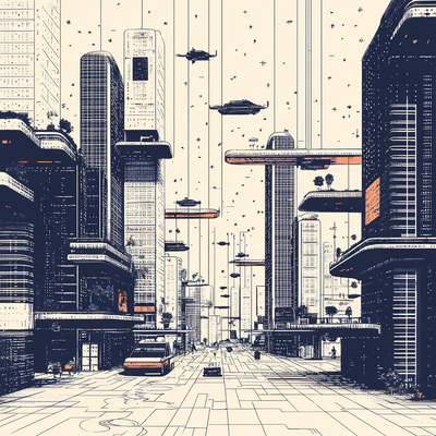 A city of impossibly tall structures with flying vehicles navigating between buildings, sky bridges connecting towers, multiple vertical levels from shadowy depths to rooftop gardens, and holographic advertisements illuminating the scene