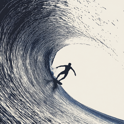 A surfer riding an enormous wave, suspended in perfect balance as the massive curl of water forms a tunnel around them, with ocean spray catching sunlight