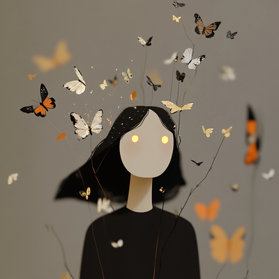 A person with luminous eyes and flowing hair immersed in glowing butterflies and flower petals, half in shadow and half in golden light, with an expression of wonder