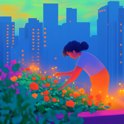 A person with curly hair tending to a lush rooftop garden in a dense cityscape, surrounded by vegetables, flowers, and string lights, with skyscrapers in the background catching sunset light